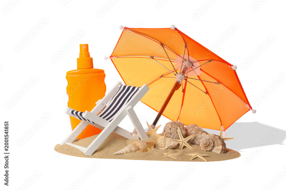 Fototapeta premium Beach chair, orange umbrella, sunscreen, and shells, PNG