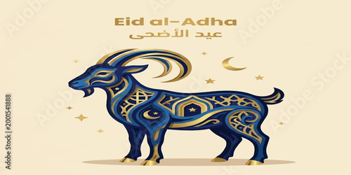 Eid al Adha Mubarak with a decorative sacrificial goat illustration