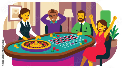 People playing roulette at a casino table with chips and dealer, vibrant scene.