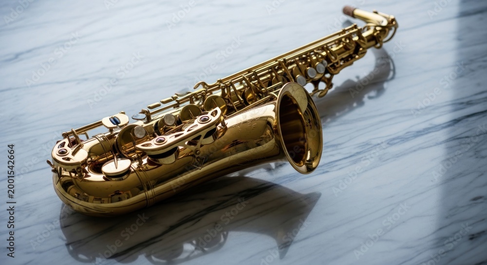 Obraz premium Alto saxophone on wooden surface closeup.