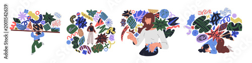Women with abstract geometric shapes, thoughts, emotions, inner feelings. Mental health, psychology concept. People with memories, ideas chaos. Flat vector illustrations isolated on white background