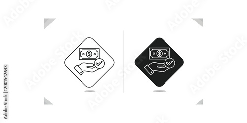 Two contrasting icons depicting financial transaction approval and completion