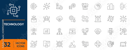 Technology Icon Set. Containing Innovation, Future, Network, AI, Robotics, Iot, Cloud Computing and more. Editable vector Line icons collection.