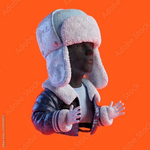 3D illustration, young black person, futuristic pink hat, orange background, fashion concept