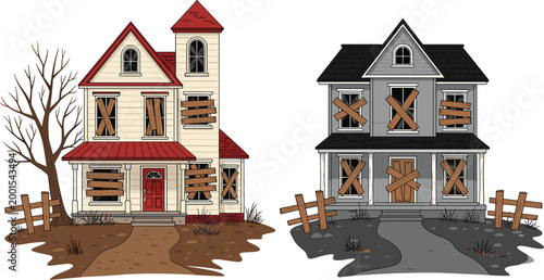 Abandoned Haunted House Halloween Flat Vector Illustration Set with Spooky Old Broken Building Dead Tree and Fence Collection