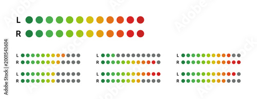 Vector icon set of horizontal dot-style audio level meters showing L and R stereo channel indicators in multiple playback states, rendered in a green-to-red gradient.
