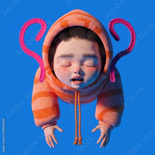 Surreal, dreamy, orange hoodie, 3D illustration of a person with pink tentacles, blue background
