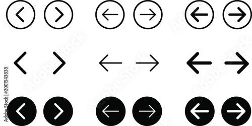 Arrow buttons icon set. Website slider navigation symbols. Next and previous rounded buttons for app. Web interface arrow buttons isolated illustration.