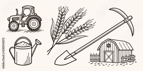farm icons set with tractor wheat barn shovel and watering can