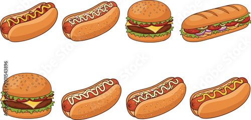 Hot Dog Burger and Sandwich Fast Food Flat Vector Illustration Set with Bun Mustard Ketchup and Fresh Ingredients Tasty Collection