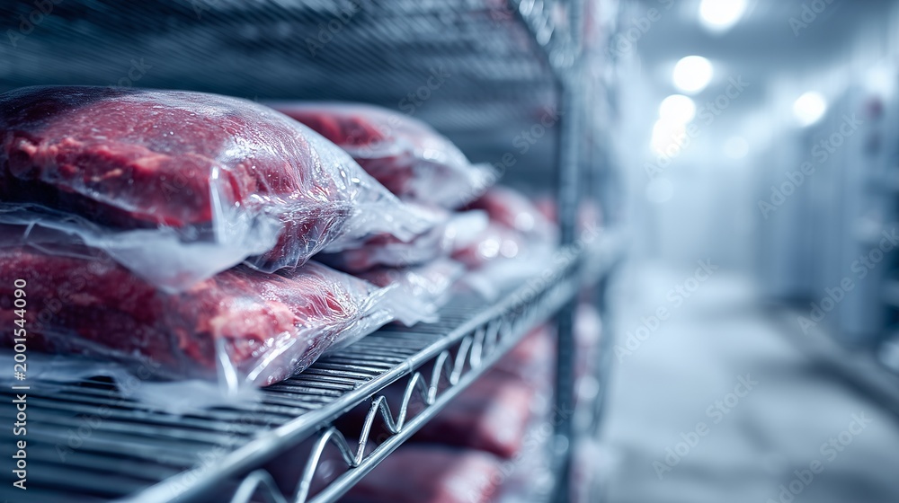 Fototapeta premium Vacuum-packed beef primal on metal rack inside refrigerated storage, conveying cold chain supply and chilled meat preservation.