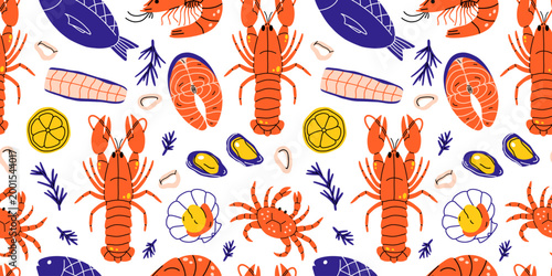 Vector seamless pattern background with colorful seafood ingredient. Lobster, shrimp, crab, fish, salmon steak, fillet, mussel, shell. Restaurant menu, gourmet recipe, market, kitchen textile print.