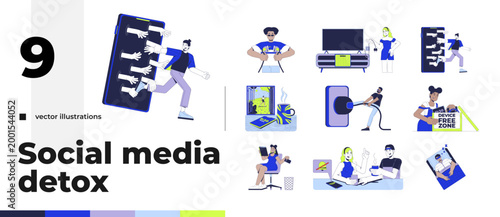 Social media detox lifestyle cartoon flat illustrations bundle. Device free. Mental wellness. Unplug. Escaping smartphone dependency 2D images isolated on white. Collection vector drawings colorful