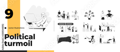 Political turmoil and social inequality outline illustrations bundle. Migration control. Homelessness and economic imbalance 2D linear images isolated. Collection black and white vector drawings