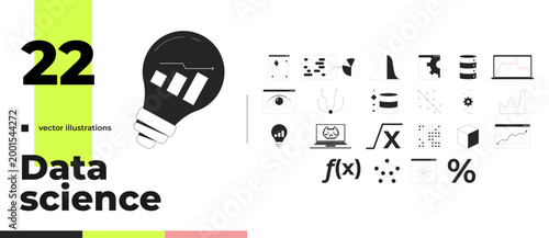Data science analytics and visualization outline illustrations bundle. Lightbulb insights. Business intelligence. Charts analysis 2D linear images isolated. Collection black and white vector drawings