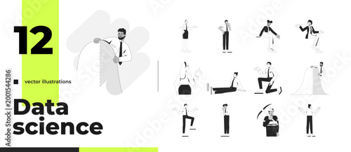 Diverse professionals doing analytical tasks outline illustrations bundle. Corporate employees interacting with data in poses 2D linear images isolated. Collection black and white vector drawings