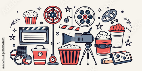vector illustration of cinema equipment and snacks on beige background high quality