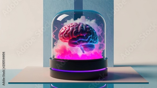Glowing brain, futuristic dome, pink purple neon, sci-fi concept, human mind