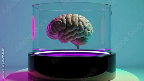 Human brain, glass container, futuristic display, neuroscience concept