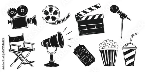 set of cinema icons in black and white line art style