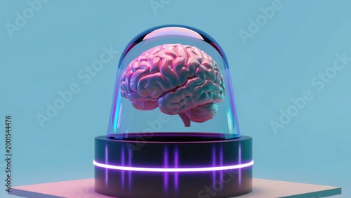 Futuristic brain, purple neon, glass dome, sci-fi concept, human brain model