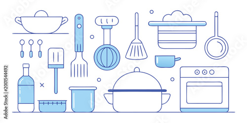 kitchen utensils and appliances in blue line art style high quality professional