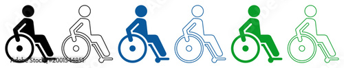Wheelchair user icon set in black, blue and green, outlined and filled, accessibility symbol. Ideal for accessibility, disability support, or inclusive design.