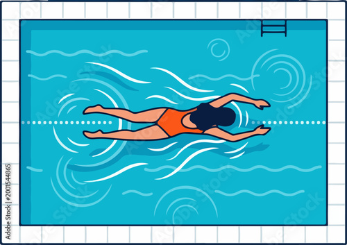 Woman in orange swimsuit swimming freestyle.