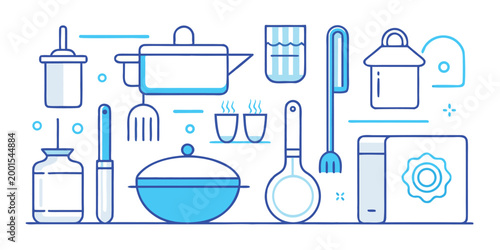 kitchen utensils and appliances in blue line art style high quality professional
