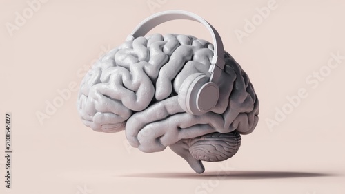 Brain, human brain, grey brain, brain with headphones, mental health