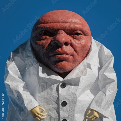 Giant sculpture, surreal art, crumpled paper, bald head, white shirt