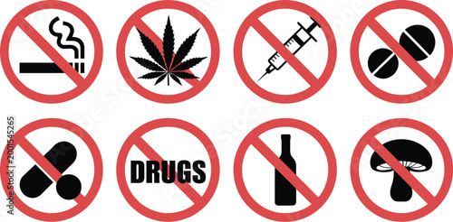 Say no to drugs icon set, black silhouette pictograms representing no smoking no alcohol and no pills for addiction warning and anti drug campaign design.