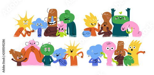 Cute funny characters groups with different emotions, face expressions. Happy, positive and sad, negative feelings, good and bad mood. Colorful flat vector illustrations isolated on white background