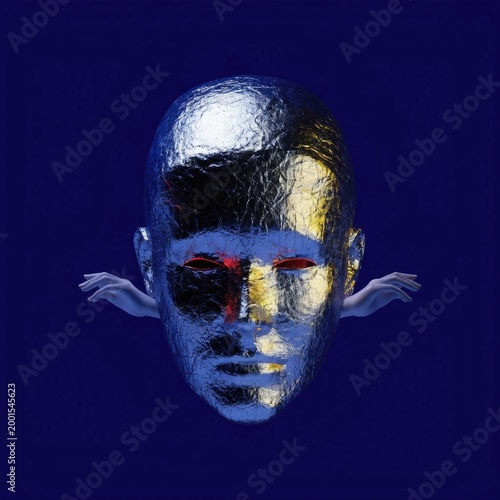 Surreal blue human head, abstract face, futuristic illustration, metallic texture
