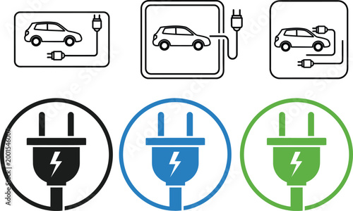 Electric vehicle charging icons plugs cars and power sources