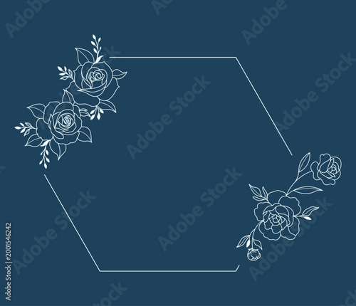 Floral polygon hand drawn style. Floral navy frame of twigs, leaves and flowers. Frames for Valentine’s Day, wedding decor, logo and identity template.