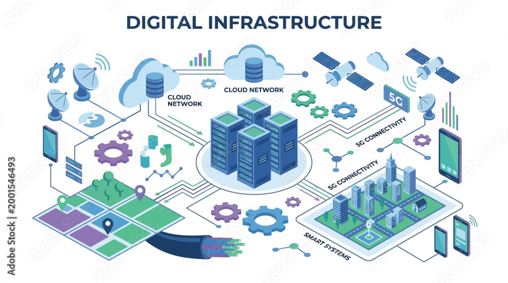 Naklejka premium A futuristic illustration depicts a server surrounded by various digital elements and icons representing technology and infrastructure in a modern cityscape.