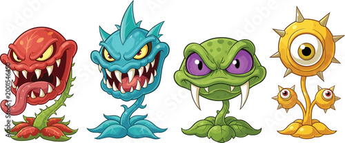 Fantasy carnivorous plant monsters set with fierce expressions and colorful designs illustrating game characters, surreal flora, and creative vector illustration