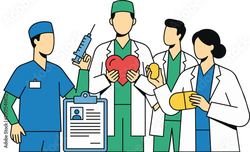 Medical team holding heart healthcare concept flat vector illustration
