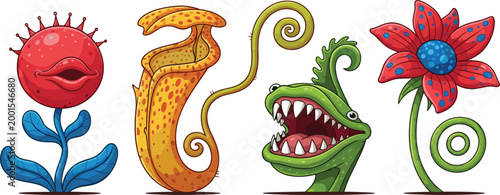 Fantasy carnivorous and alien plants set with colorful surreal flowers and creatures illustrating imaginative flora, whimsical design, and creative vector illustration