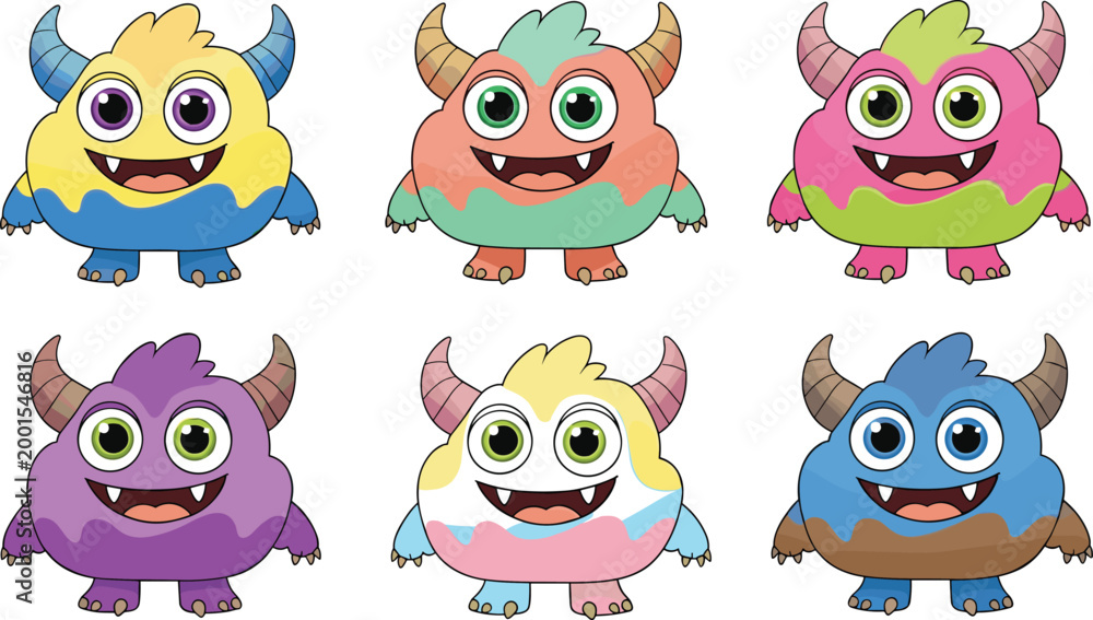 Obraz premium Cute cartoon monster set with colorful horned creatures illustrating fantasy characters, kids mascots, and playful vector illustration collection