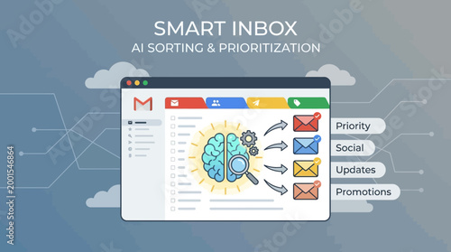 A computer screen displays a colorful email inbox with categorized messages and a brain-like icon.