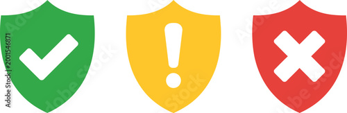Shield icons with status symbols set, check marks exclamation marks and X marks representing success warning failure protection and security in vector design.