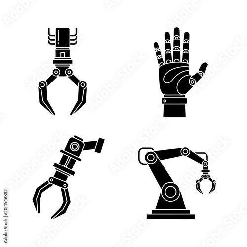 Four black robotic arms and hand icons on white background