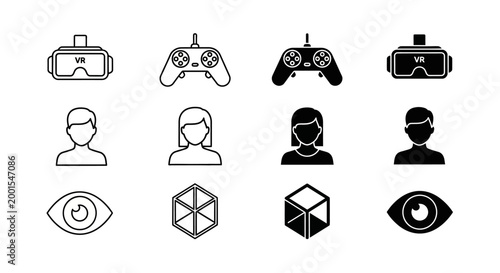 Virtual reality icons set with VR headset, game controller, user and eye