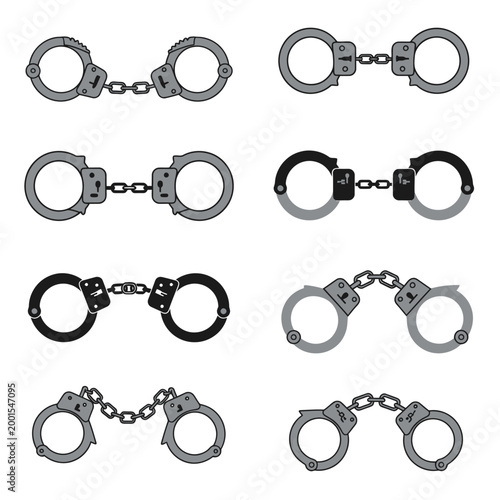 Collection of eight different flat design style handcuffs