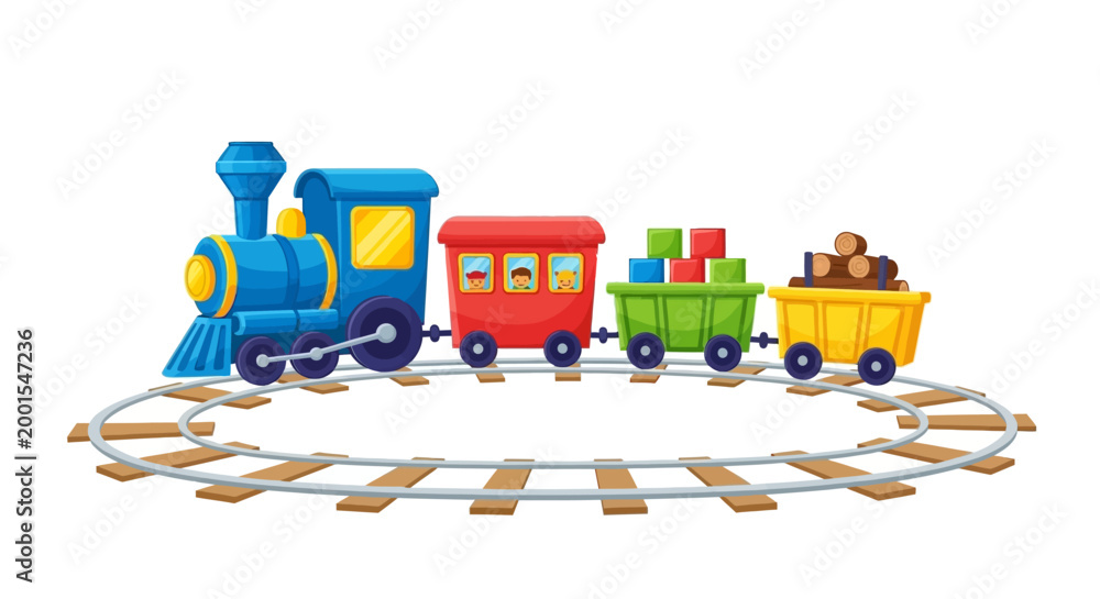 Fototapeta premium Cartoon toy train with colorful cars on tracks