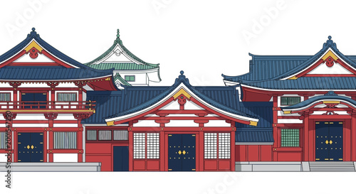 Traditional Japanese Temple Architecture, Red and Blue Buildings
