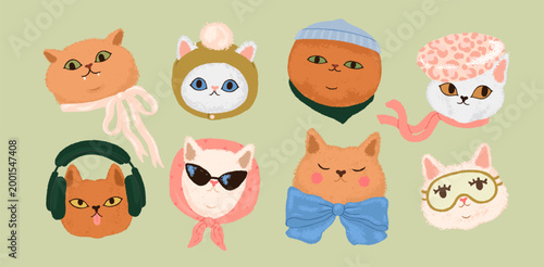Cute modern cats set. Funny kitty character stickers, avatars, portraits. Feline animals wearing fashion style hats, sunglasses, bow accessory. Flat vector illustrations isolated on white background