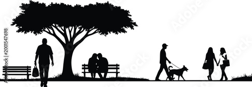 Silhouette park scene people and a tree enjoying a peaceful day